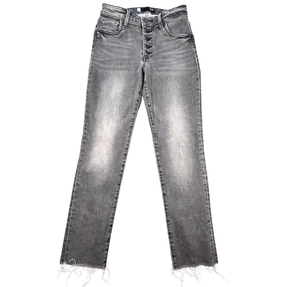 KUT from the Kloth Grey Frayed Hem Button Fly Straight Jeans Womens Size 0